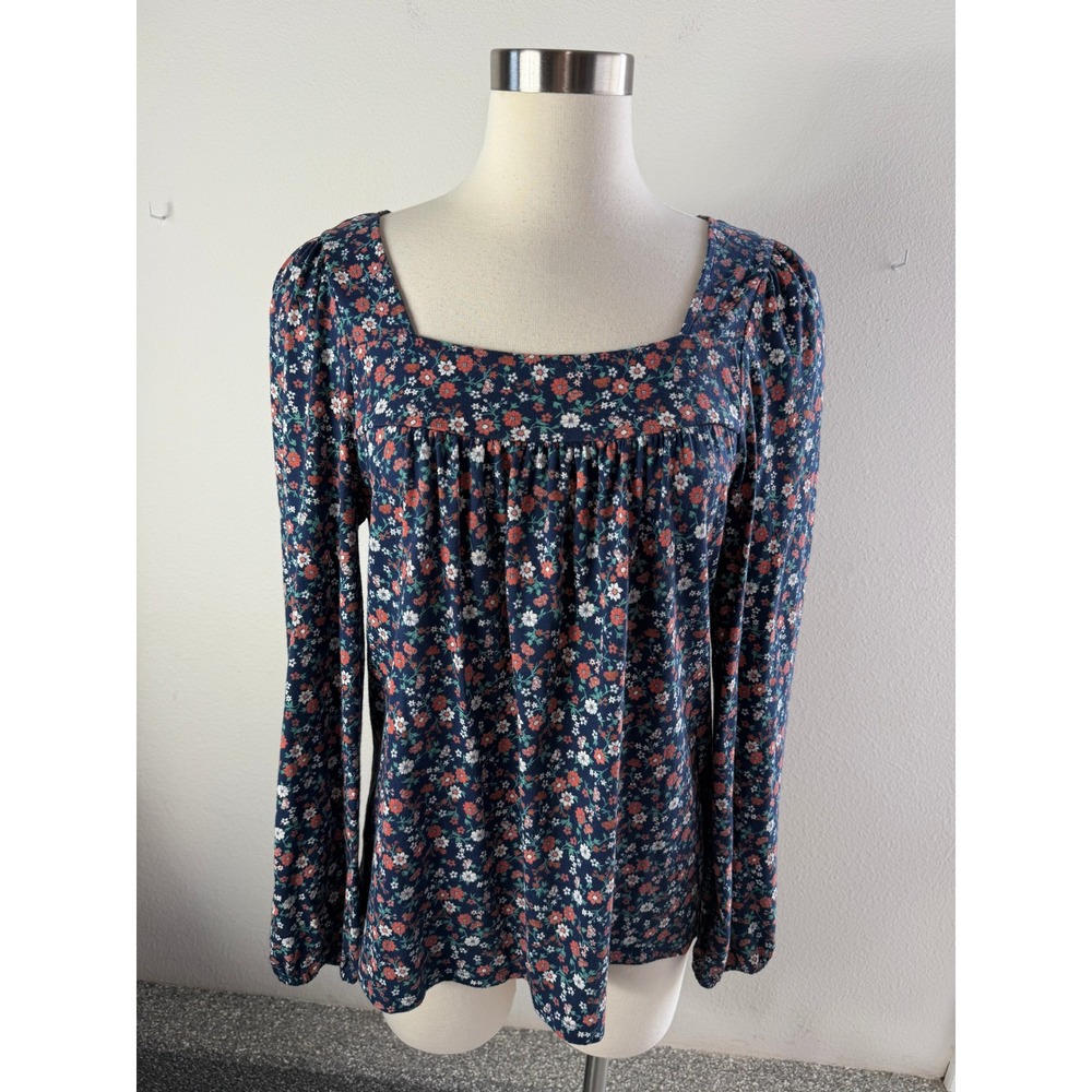 Lucky Brand Womens Small Blue Ditsy Floral Square Neck Long Sleeve Top